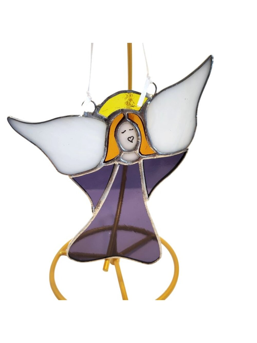 Stained Glass Angel Ornament With Purple Dress & White Wings For Hanging Decor